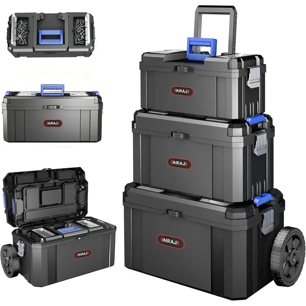 3-in-1 Rolling Stackable Toolbox with Detachable Organizer for Portable Storage in Workshops and Home DIY