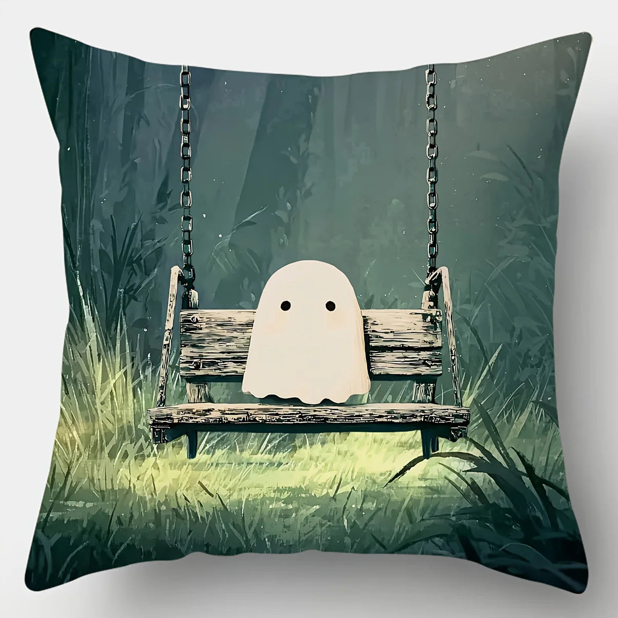 4-Piece 2D Printed Pillowcase Set – Cute Ghosts in Forest, Waterside, Swing & Tree Branch Scenes