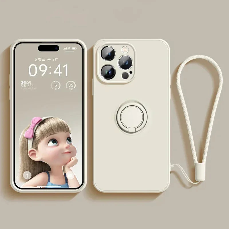 Liquid Silicone Case For iPhone 16 16e 15 13 Mini 14 12 11 Pro Max Plus Phone Holder Ring Stand Protect Cover With Wrist Strap