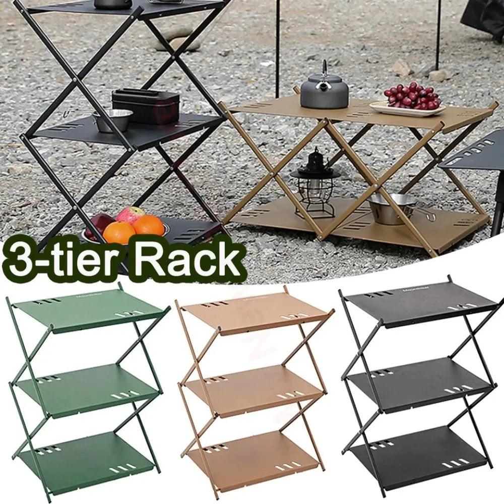2027 Four-tier Rack Outdoor Storage Shelf Folding Shelf Portable Camping Picnic BBQ Storage Rack Garden Foldable Table