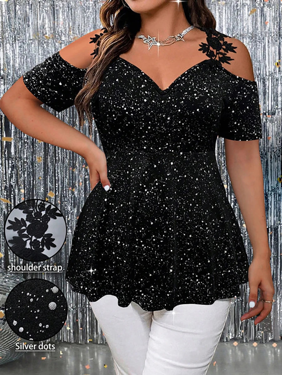 Plus Size Glitter Peplum Top Cold-Shoulder Stretchy Party Blouse Glam Evening Top