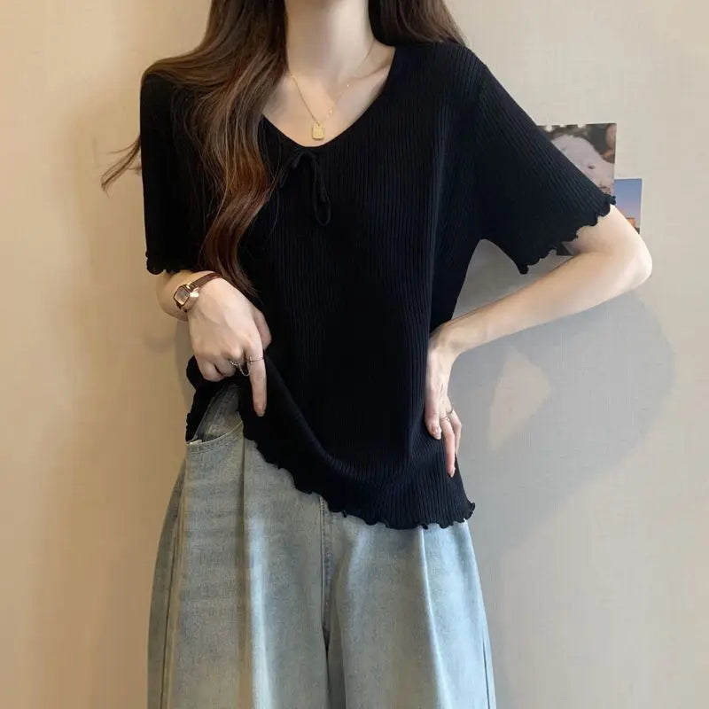 Plus-size women's spring and summer new pure color slimming and age-reducing rope-tied ribbed short-sleeve T-shirt