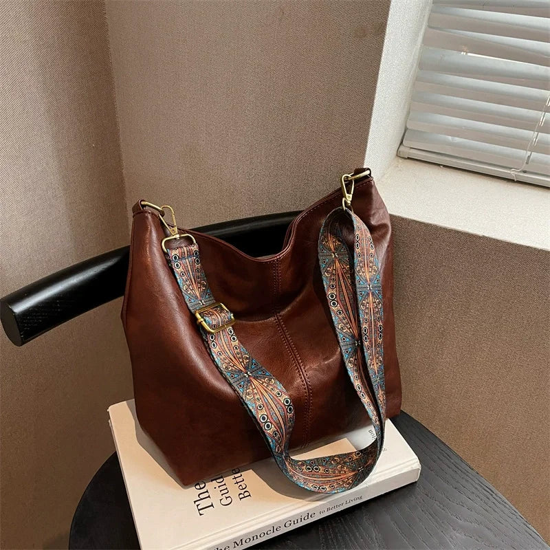 Women Vintage PU Leather Shoulder Bag Large Capacity Hobo Tote Wide Strap Casual Crossbody Purse Daily Handbag Quality
