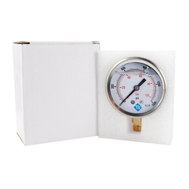 Glycerine Filled Vacuum Pressure Gauge 1/4'' BSP Bottom Connection 100 Bar 0-1500 PSI Water Air Oil Gas Gauge Dual Scale