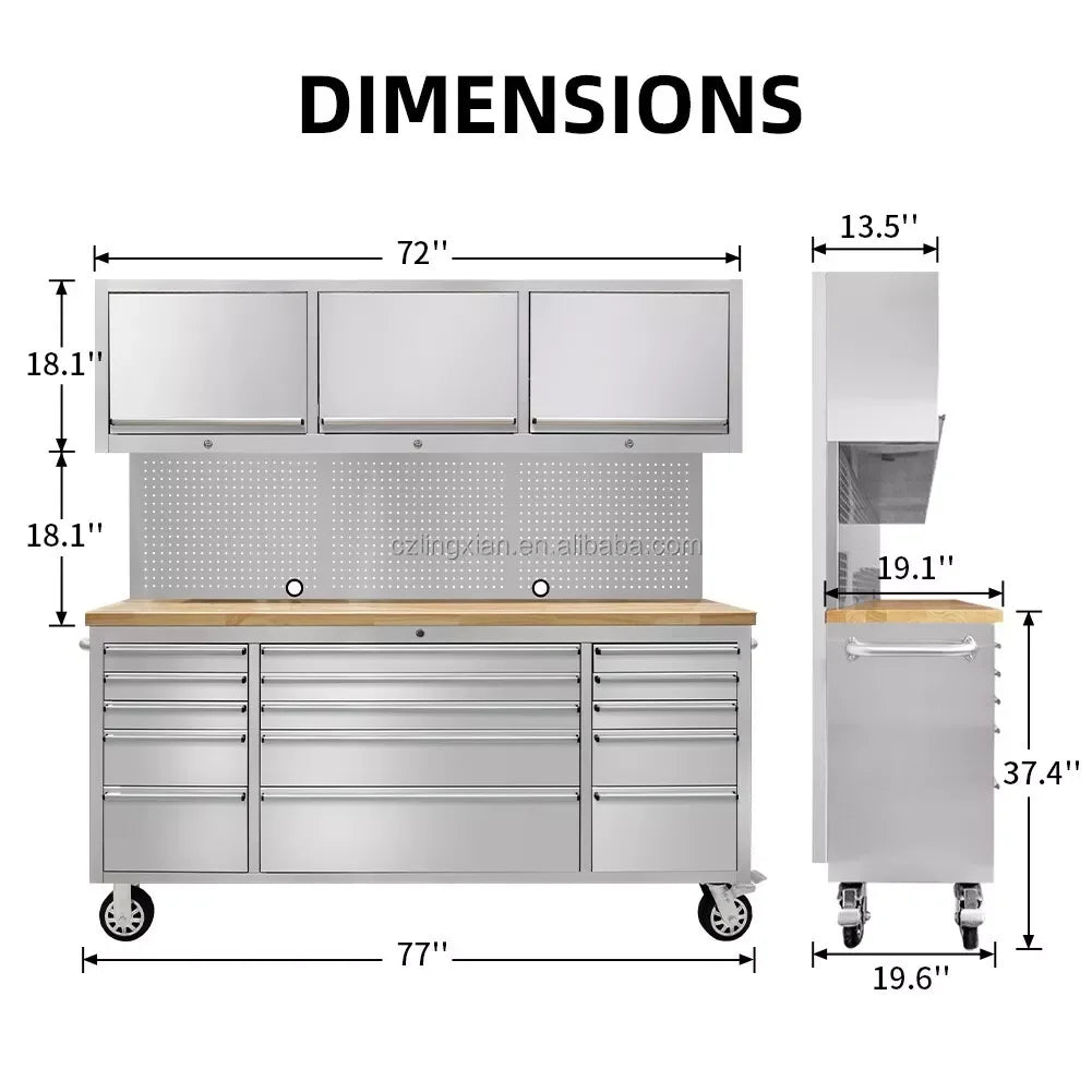 OEM Wholesale Stainless Steel Mobile Workbench Cabinet 72-Inch Rolling Large Tools Cabinet Garage With 15 Drawers