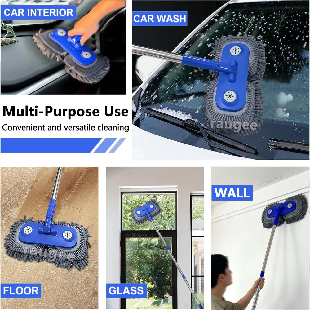 Dual-head Car Cleaning Mop Telescoping Long Handle Car Cleaning Brush Multipurpose Dry & Wet Use Windshield Cleaning Brush