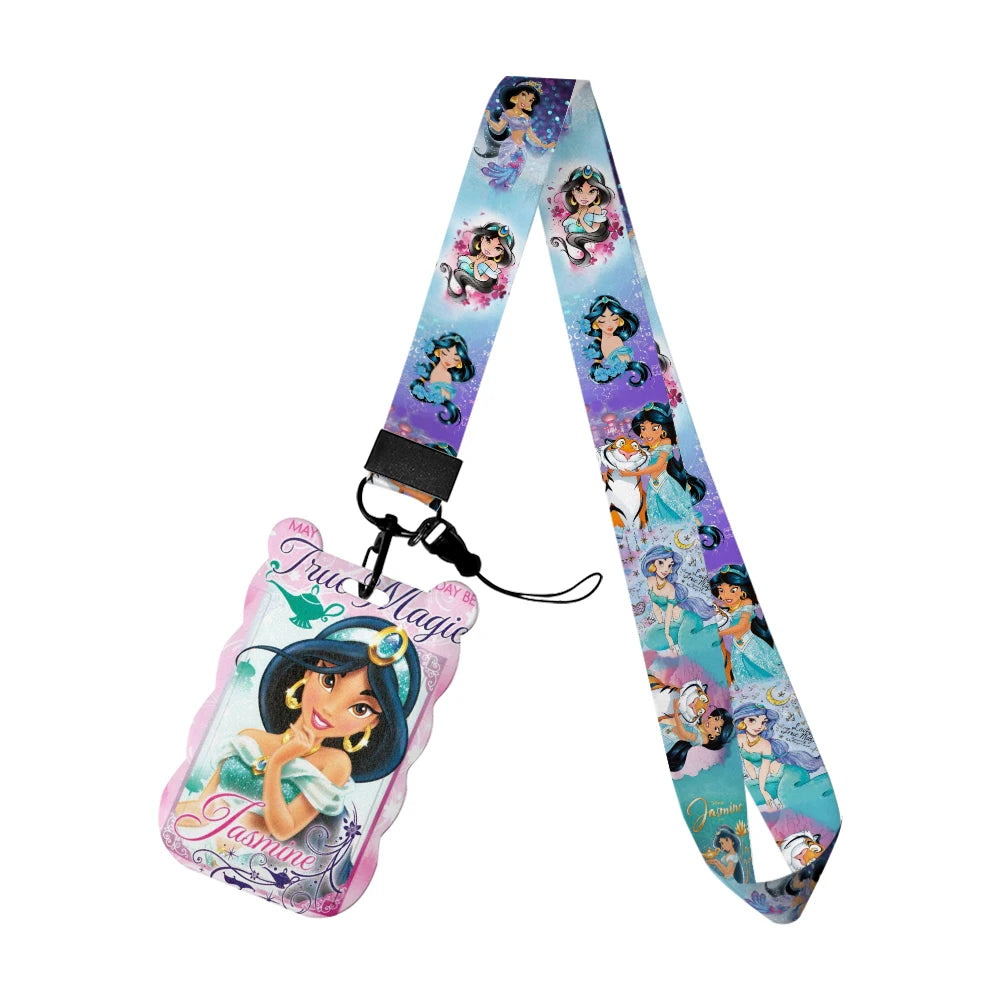 Disney Jasmine Princess Irregular Head Shape Badge Holder Lanyard Keys Chain ID Credit Card Cover Bus Card Holder Glitter Charms