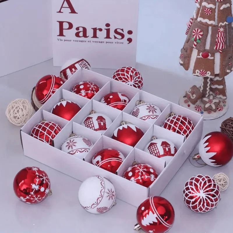 12pcs Red and White Christmas Balls Decorations, Mixed Shapes Plastic Christmas Ornaments, Holiday, Wedding and Party Supplies.
