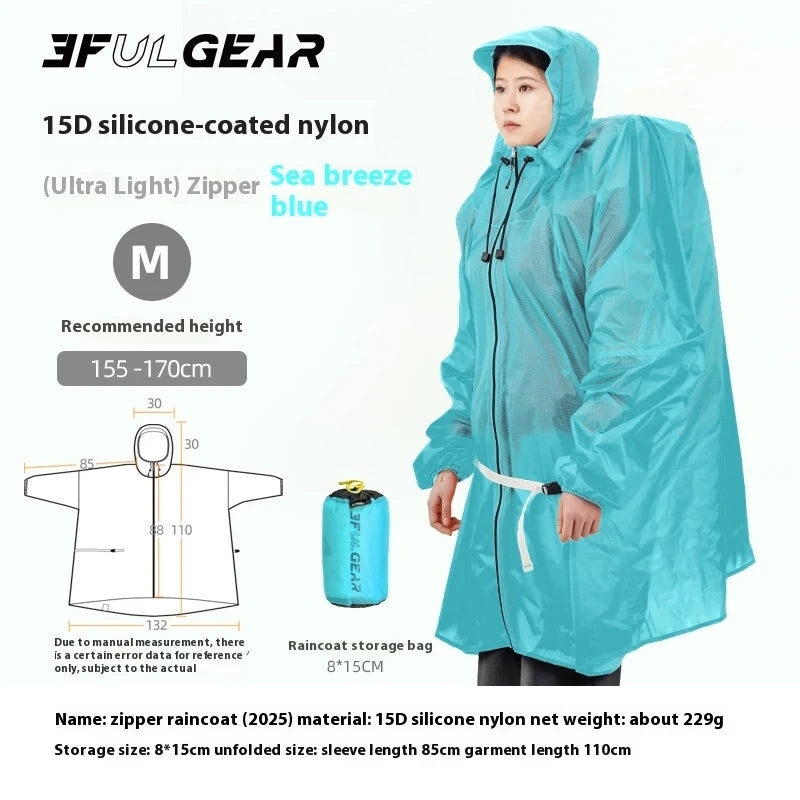3F UL GEAR Hiking Raincoat Zipper 210T/15D Women/Men Waterproof Ultralight Outdoor Camping Travel Hooded Rain Coat Poncho Jacket