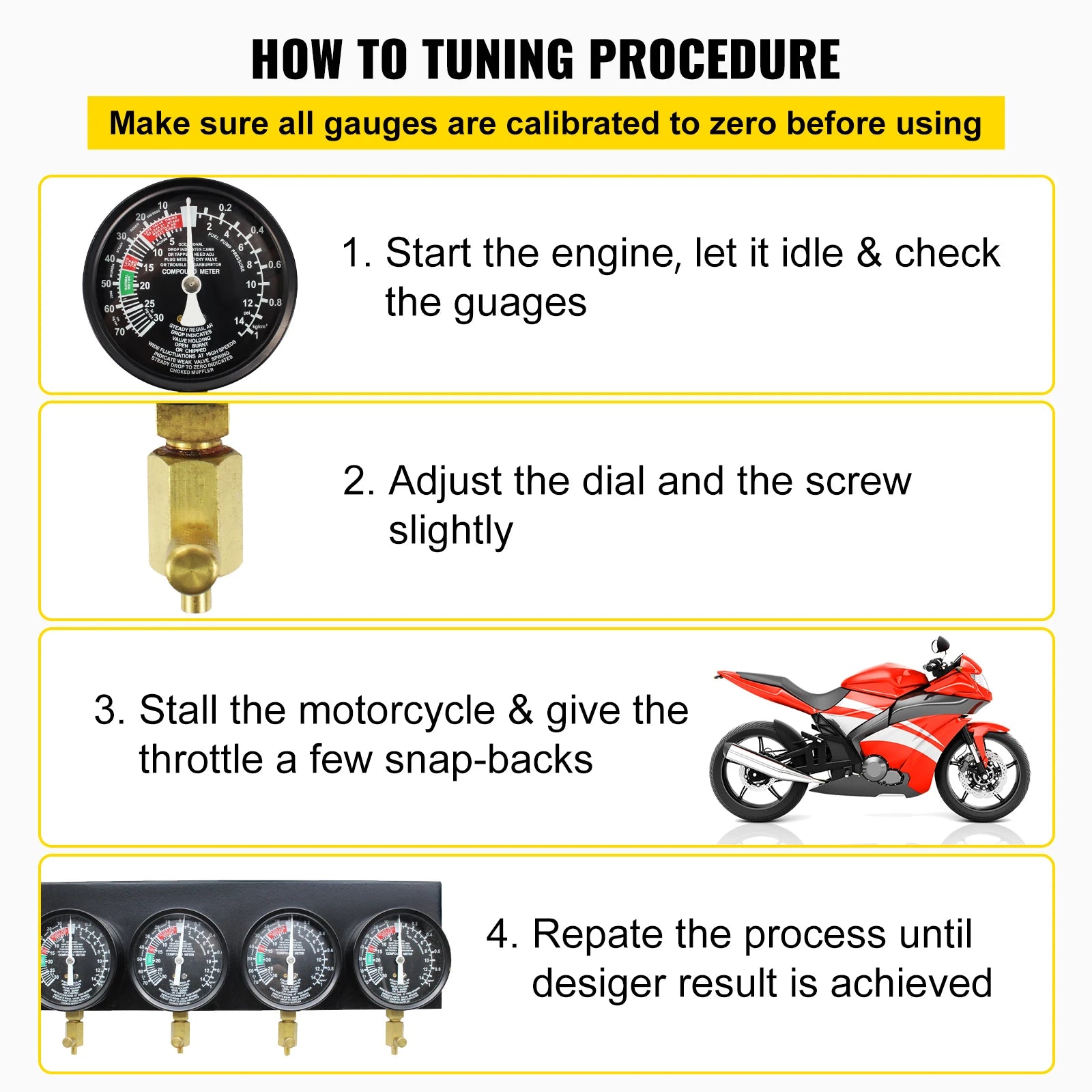 SucceBuy Fuel Vacuum Carburetor Synchronizer Carb Tools sync 4 Gauge Set with Rubber Hose Vacuum Balancer Meter Kit