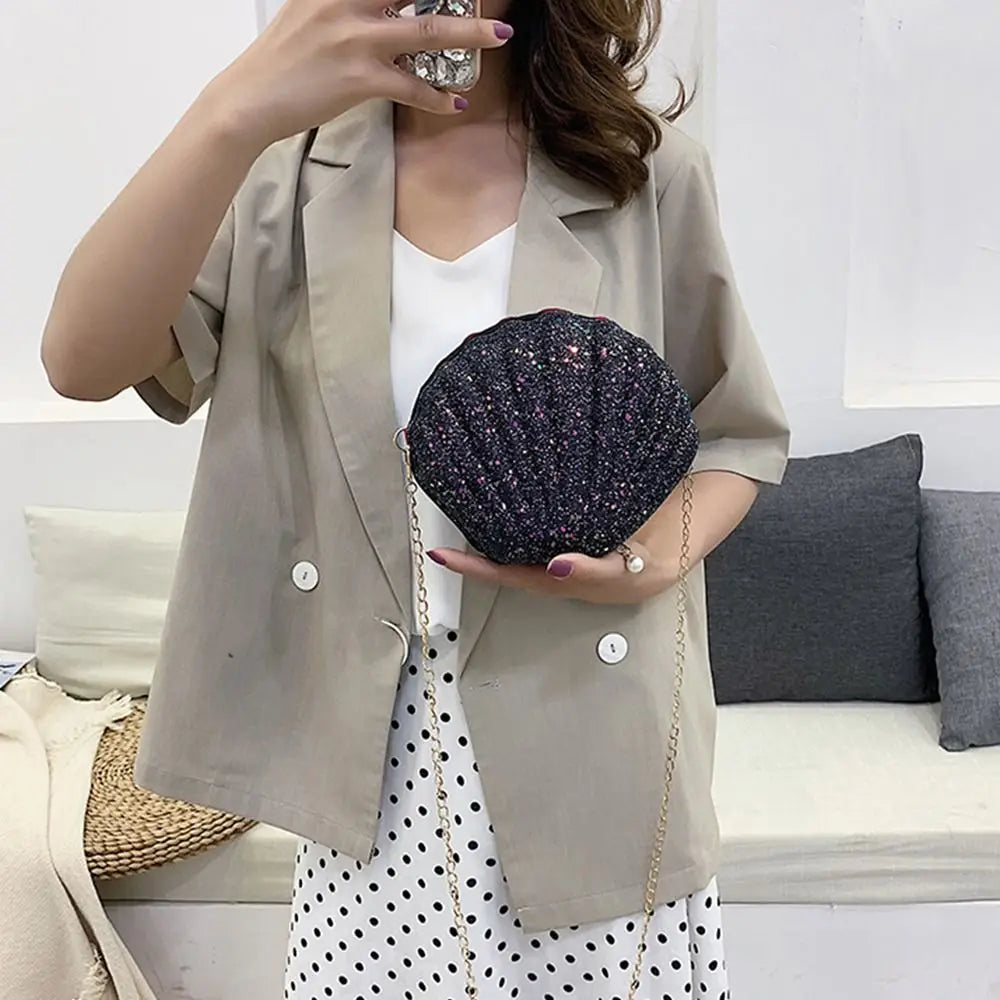 Women Shoulder Handbags Shell Bag Chain Cute Sequins Small Shoulder Bag Phone Money Pouch Zipper Crossbody Bags