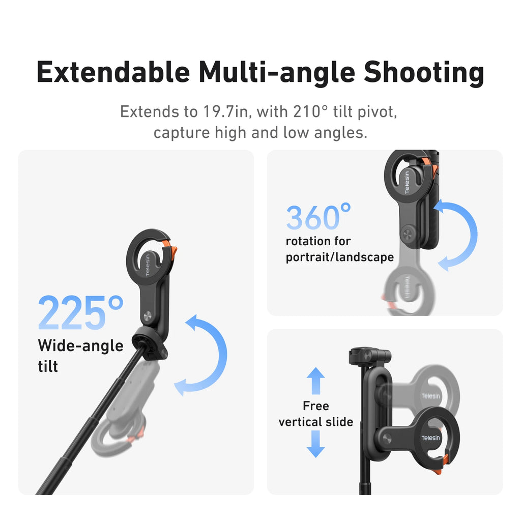 TELESIN Mini Magnetic Carabiner Wireless Shooting Aid Remote Control Hand Grip Phone Holder Selfie Stick Tripod for Smart Phone