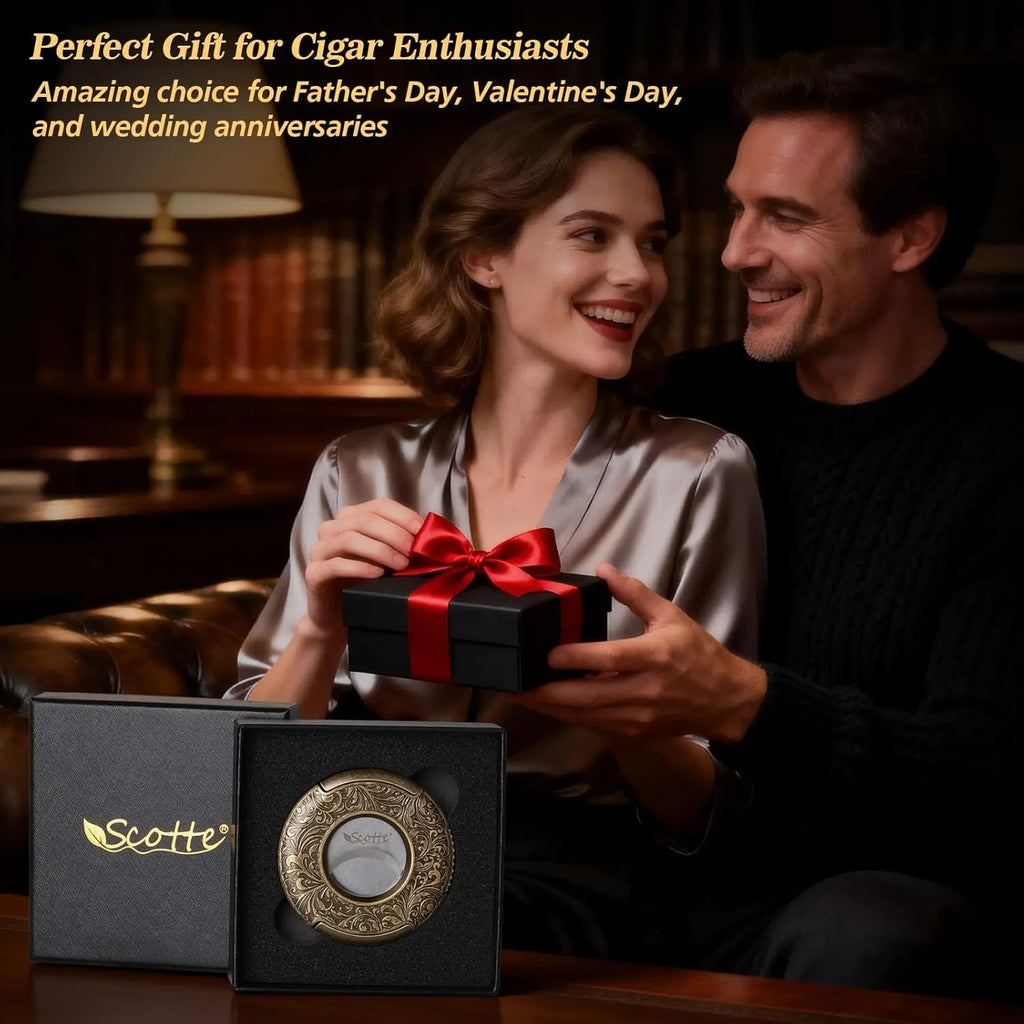 Cigar Cutter Guillotine Bronze Engraved Cigar Straight Cutter Round Shape Double Stainless Steel Blade Cigar Clipper