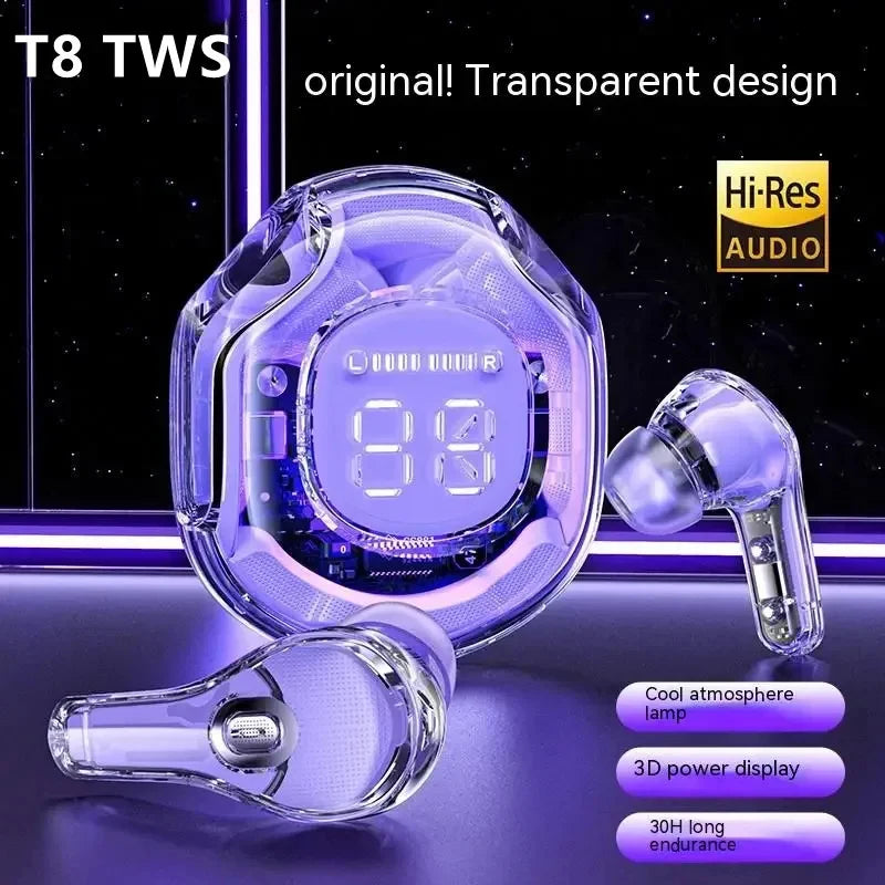 TWS Wireless Bluetooth Earphone Noise Canceling HiFi Stereo Sport Headphones With LED Digital Display Transparent Charging Case
