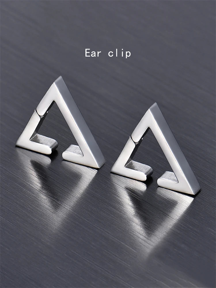 2PC Punk Stainless Steel Non-Piercing Triangle Earring Clip False Triangle Ear Hoops Hip Hop Ear Accessories for Men and Women