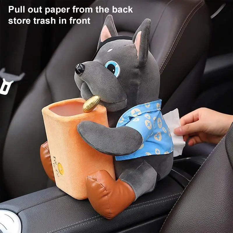 Cartoon Dog Car Tissue Holder With Trash Can 2 In 1 Tissue Box Doggie Car Trash Can Garbage Bag Auto Interior Storage Accessory