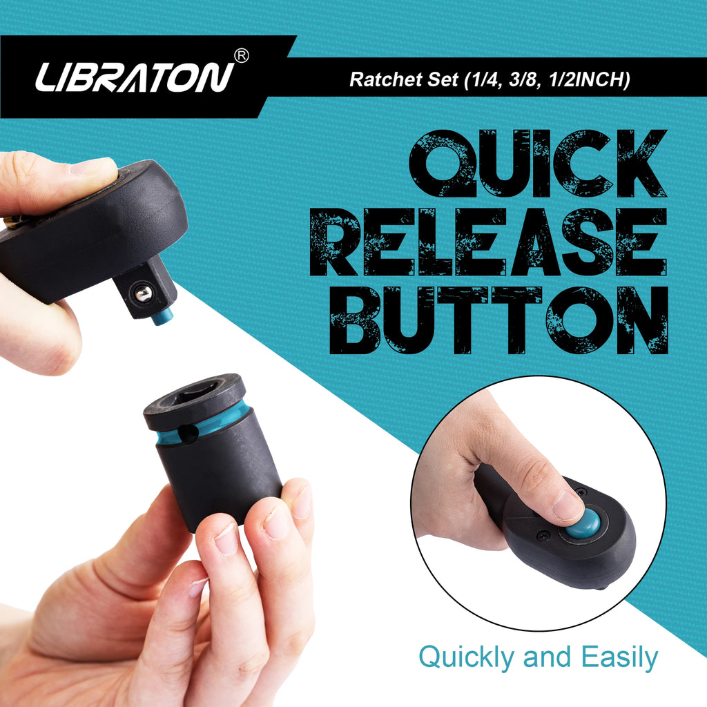 LIBRATON 1/4'' 3/8'' 1/2'' Drive Ratchet Wrench 72-Tooth Quick Release Reversible Ratchet Handle Auto Repair Tool Home DIY Tools