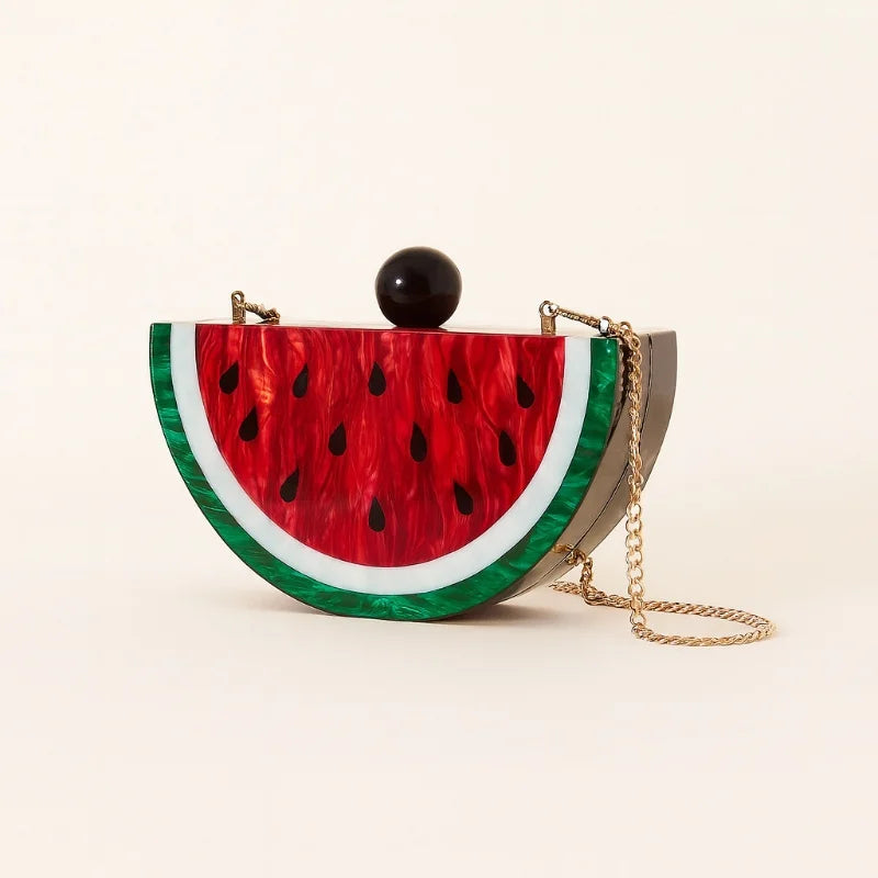 Women Acrylic Fruit Pattern Evening Clutch Bag Stylish Fan-shaped Chain Shoulder Crossbody Bag Watermelon Red Party Clutch Purse
