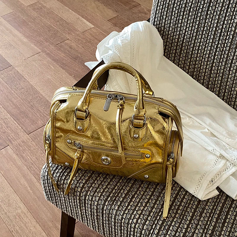 Luxury Metallic Silver Gold Patent Leather Motorcycle Bag Cool Rivet Tassel Mini Boston Handbag Trendy Crossbody Purse