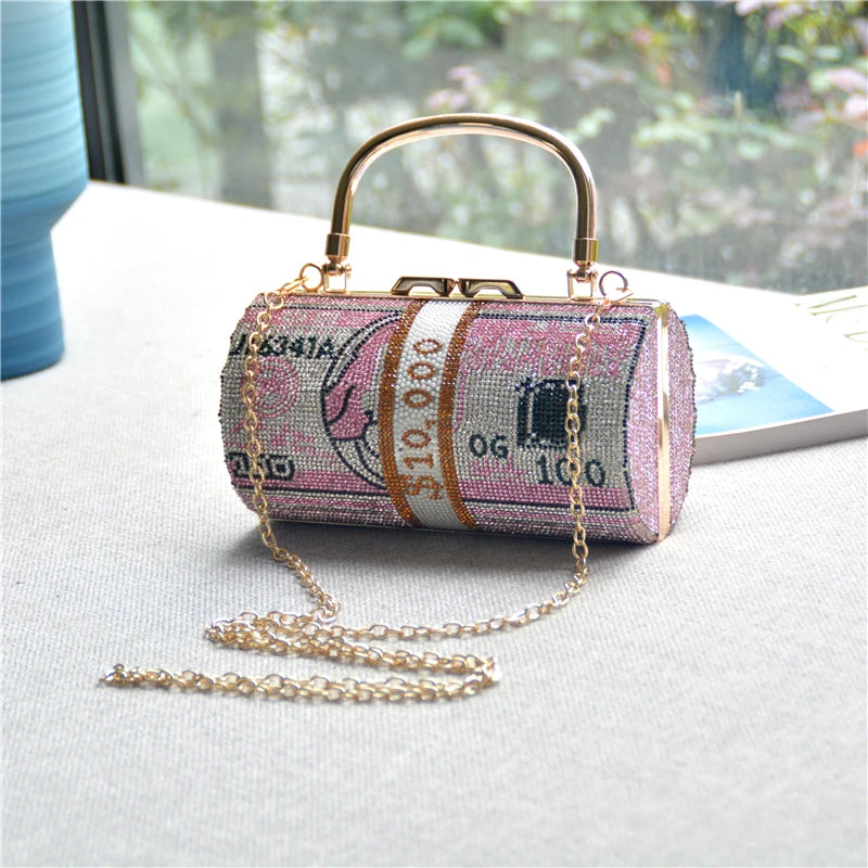 Luxury Money Clutch Rhinestone Purse 10000 Dollars Stack of Cash Evening Handbags Shoulder Wedding Dinner Bag Wallet