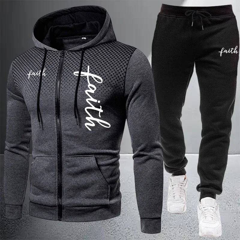 Autumn Winter Men's Jacket Tracksuit Printed Casual Zip Hooded Sweatshirt Coat Outdoors Sports Jogging Clothes Single Tops Pants