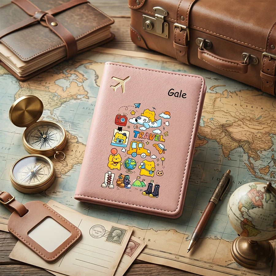 Personalized Name Text Passport Holder, Cute Cartoon Passport Case, Passport Cover And Document Organizer, Travel Ticket Holder