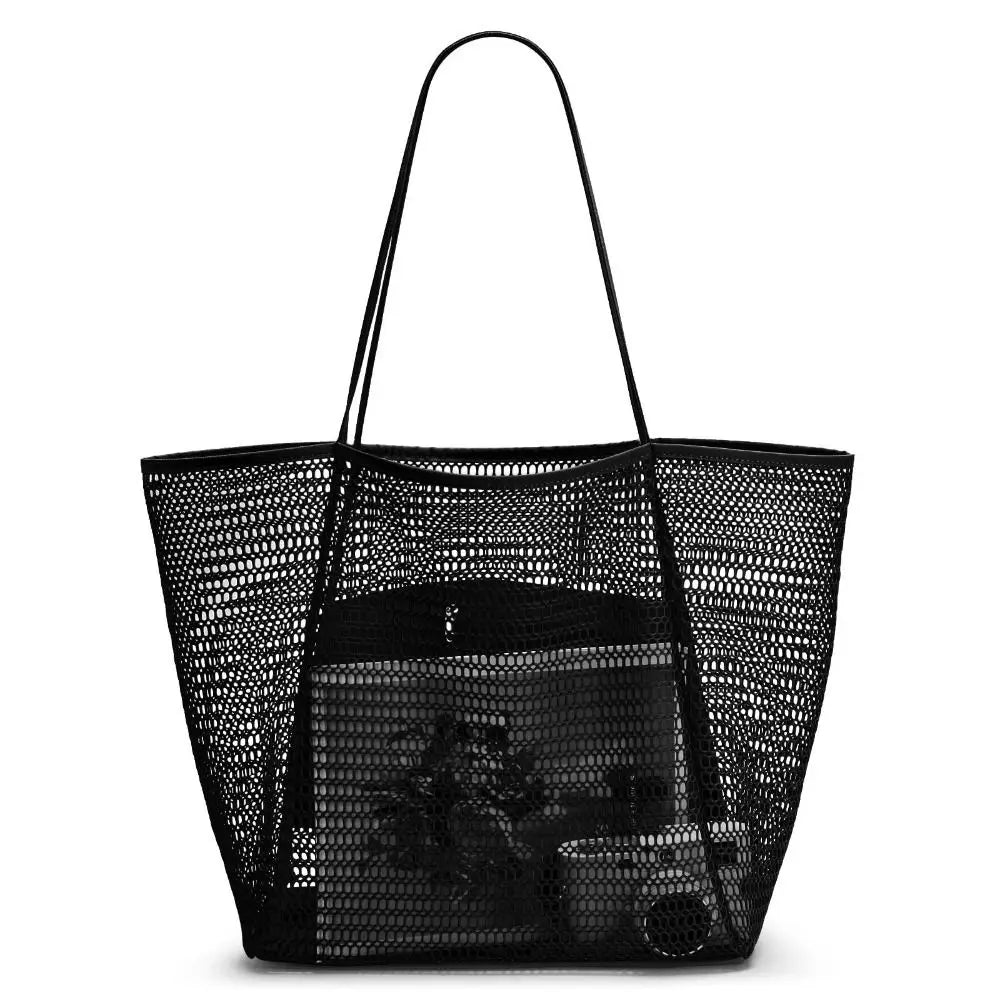 1pcs Foldable Beach Bag with Mesh Net, Women's Shoulder Bag, Essential for Outdoor Travel and Leisure Activities
