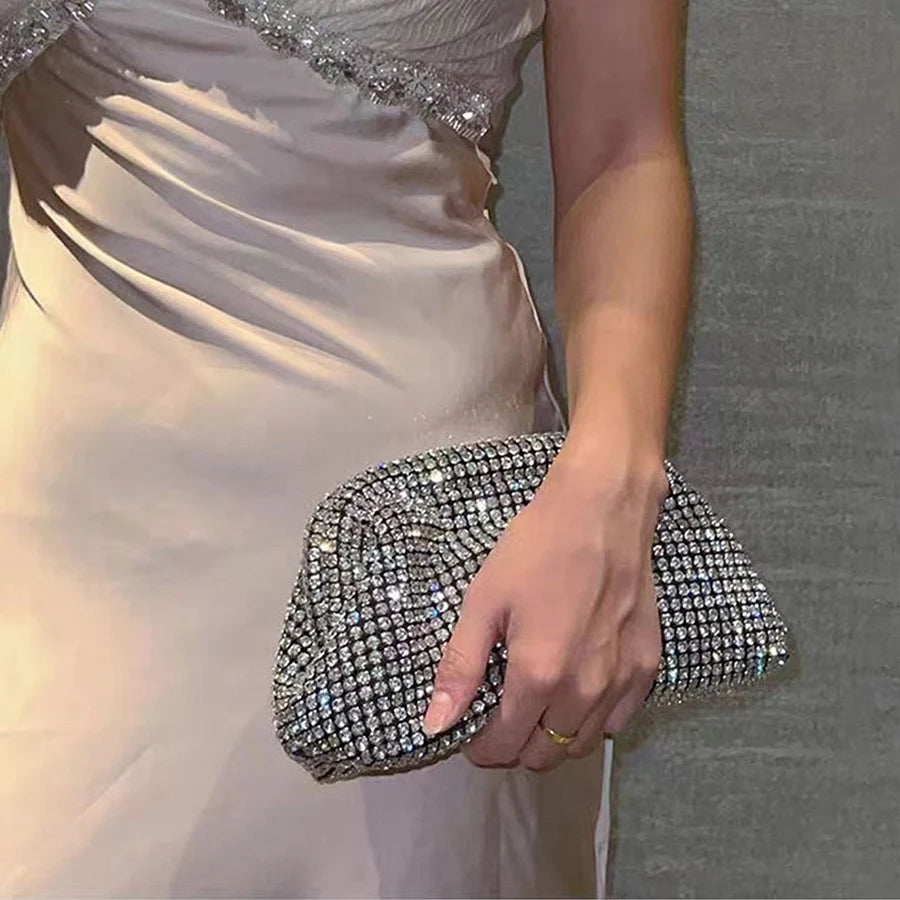 Luxury Shiny Rhinestones Handmade Evening Clutch Bags New Cloud Folds Purses and Handbags Wedding Party Chains Crossbody Bags