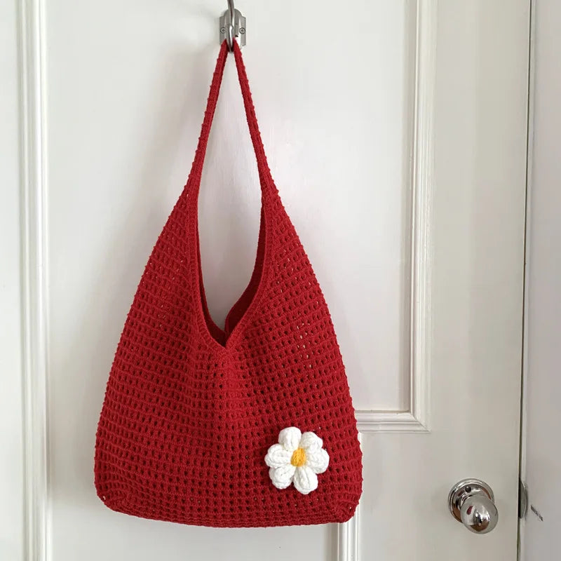 Solid Color Knitting Shoulder Bag Hollow Out Versatile Bohemian Crochet Tote Bag Large Capacity Casual Woven Handbag Women