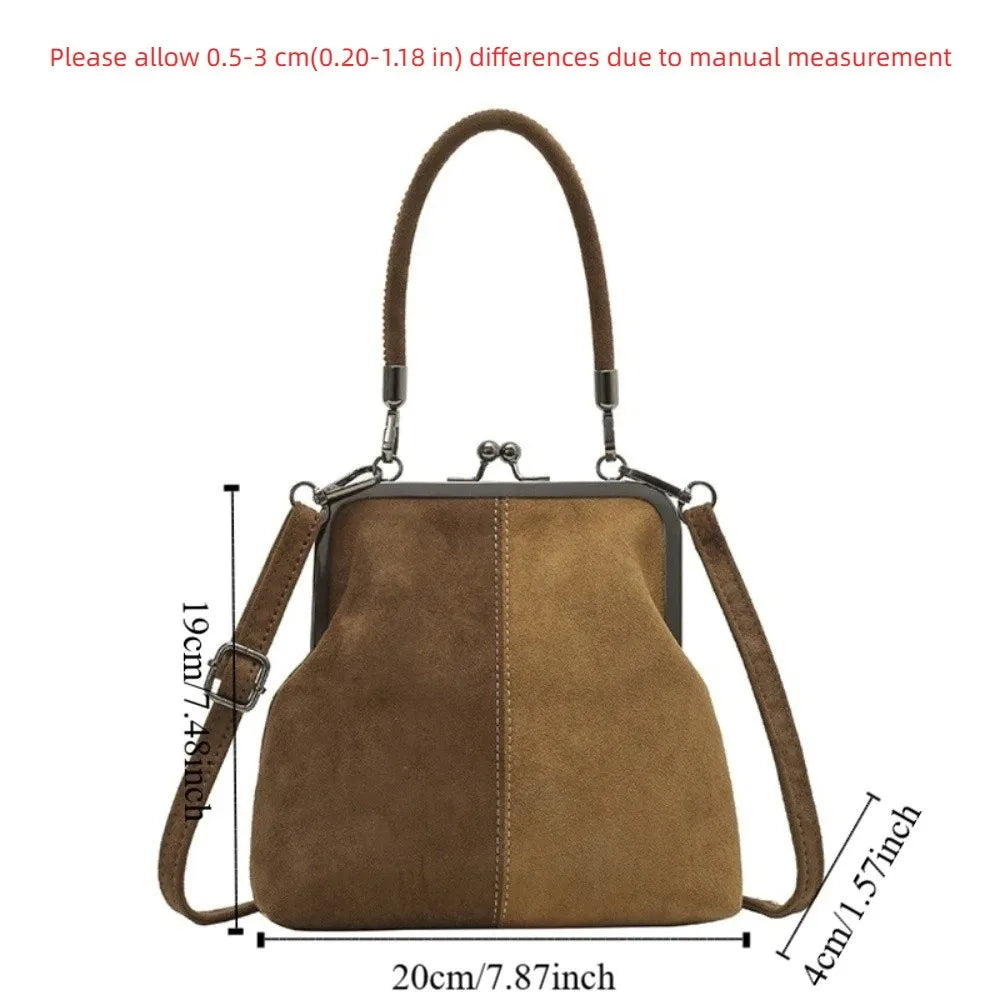 Large Capacity Retro Frosted Handbag PU Short Handle Leather Crossbody Bag Clip Closure Kiss Lock Clutch Shoulder Bag Shopping