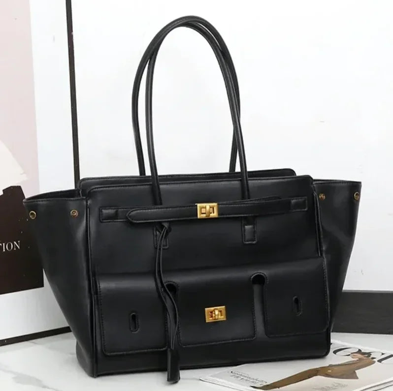 Luxury Soft Leather Tote Bag Brand Texture Lock Wing Bag Solid Color Simple New Horizontal Square Bag Women's Commuter Handbag