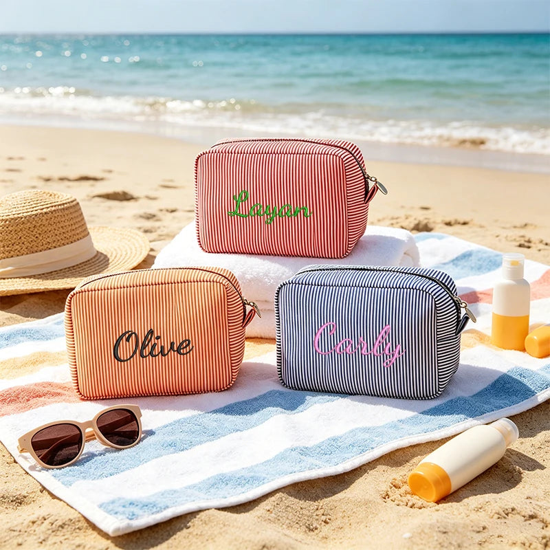 Customised Embroidery/Standard Style 2 Options, High-Look Striped Clutch, Large Capacity Makeup Bag, Back-to-School Season! Gift