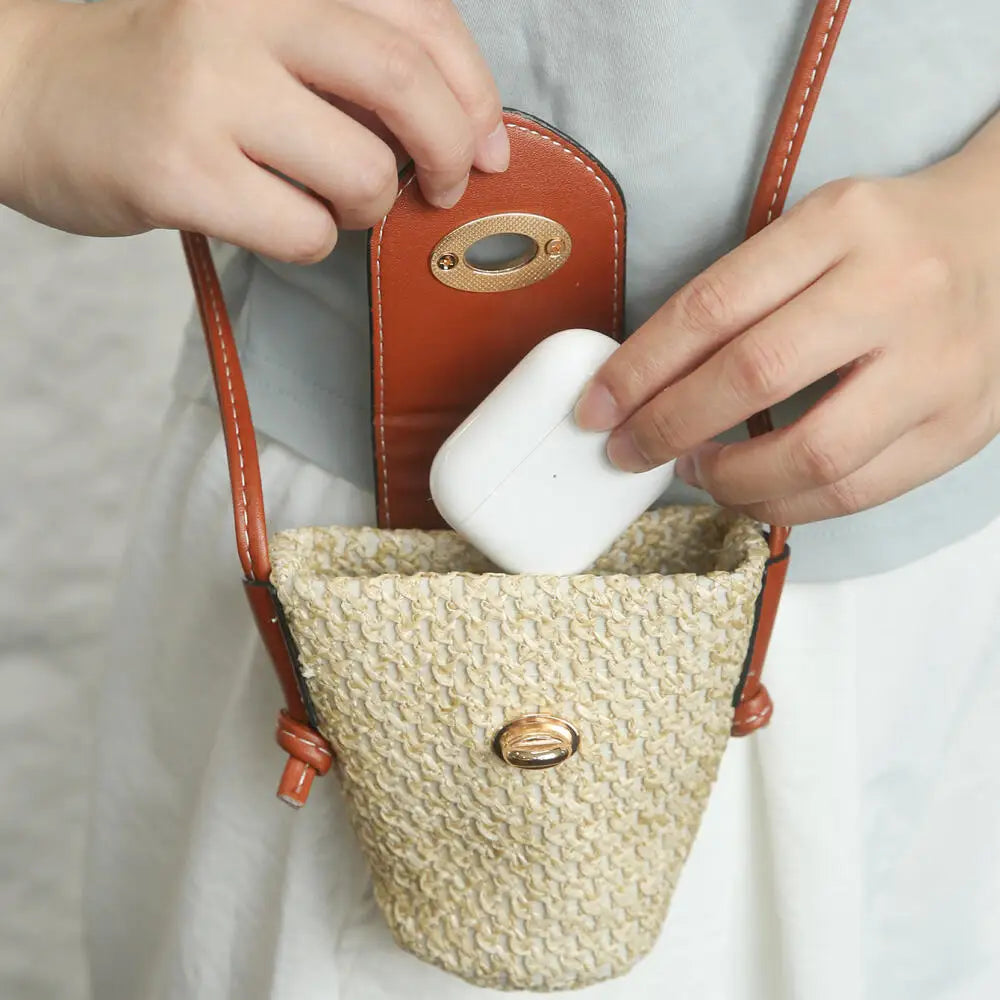 Custom Gold Embroidery Name Mini Straw Crossbody Bag Summer Woven Earphone Lipstick Storage Purse Tiny Leather Flap Shoulder Bag