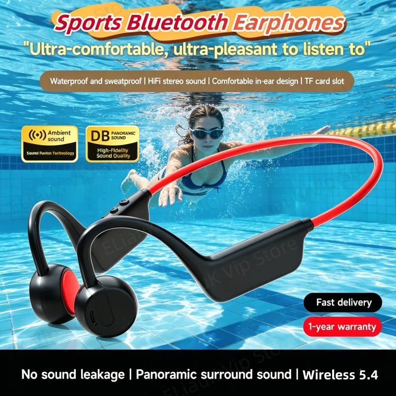 IPX8 Bone Conduction Headphones Wireless Waterproof Swimming Sports Headset Bluetooth 5.4 With Mic For Exercise Fitness 2026