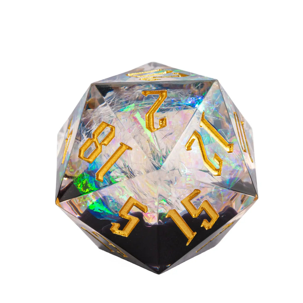 Cusdie 33mm Rainbow Film D20 Dice, 20 Sided Resin Sharp Edges Dice, Single D20 Polyhedral Dice, for Role Playing Board Game