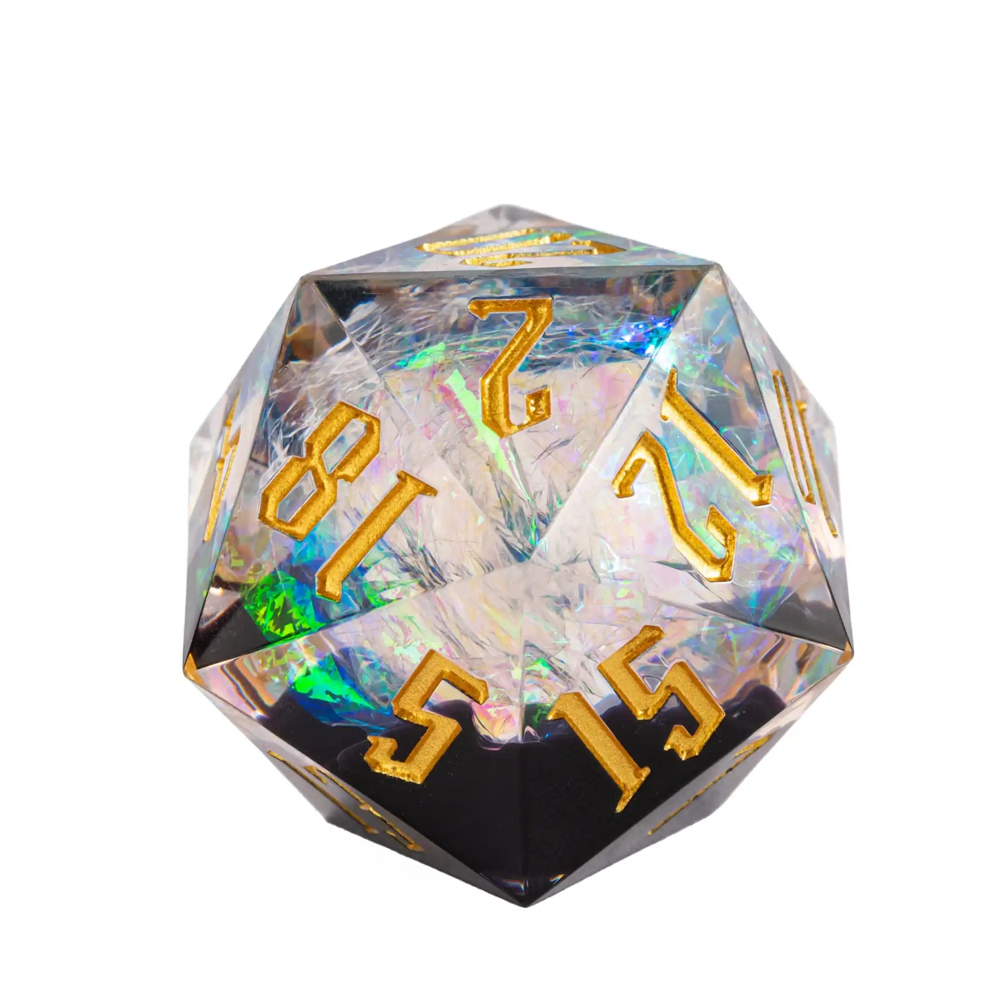 Cusdie 33mm Rainbow Film D20 Dice, 20 Sided Resin Sharp Edges Dice, Single D20 Polyhedral Dice, for Role Playing Board Game