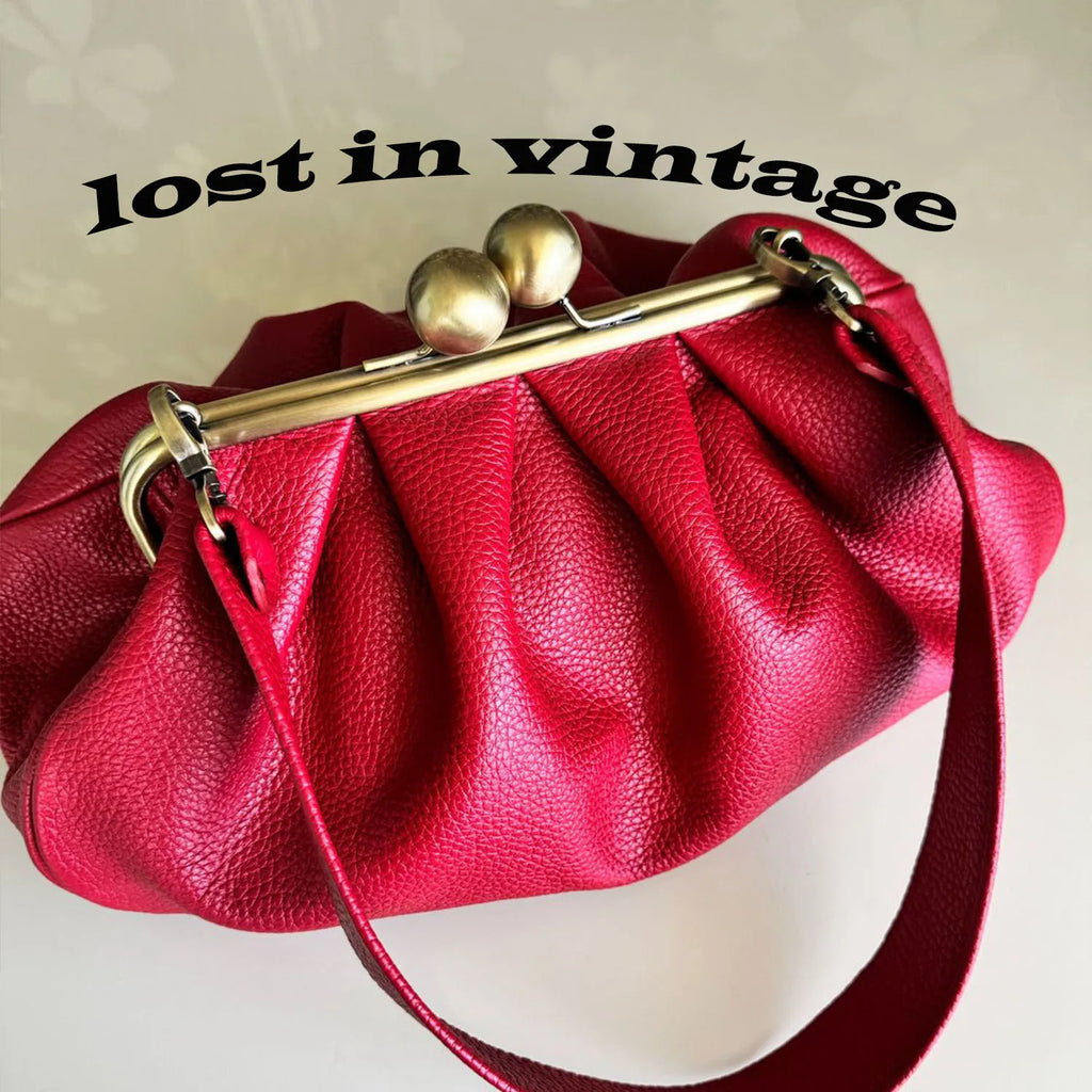 LOST IN VINTAGE Large Purse 35x20x12cm Artficial Leather Premium Plus Bag Big Ball Kiss Lock Clutch Purse Clutch Deep Folds Bags