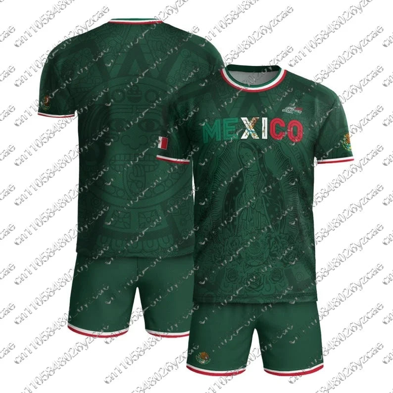Mexico Football Jersey National Flag Print Soccer Shirt Breathable and Quick DryingTeam Kit T-shirt Shorts Set for Men and Women