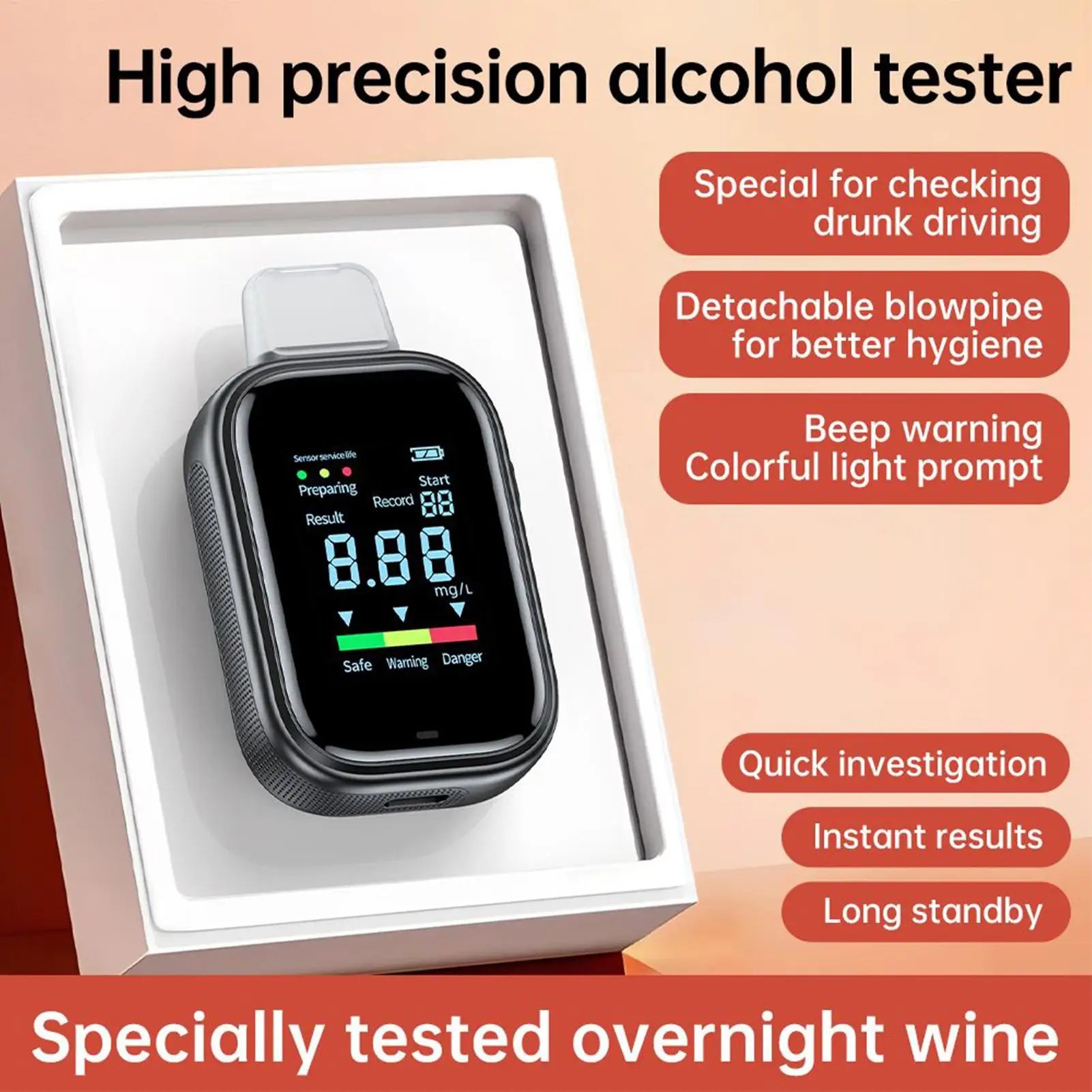 Portable Alcohol Tester Digital Breath Alcohol Tester Accurate Breathalyzer With LCD Display USB Rechargeable for Driving Car