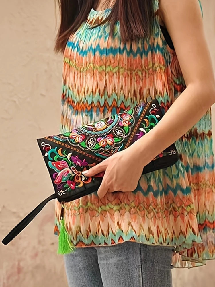 Embroidered long-style handbag, retro large-capacity clutch bag, women's evening bag, mobile phone organizer Wallet