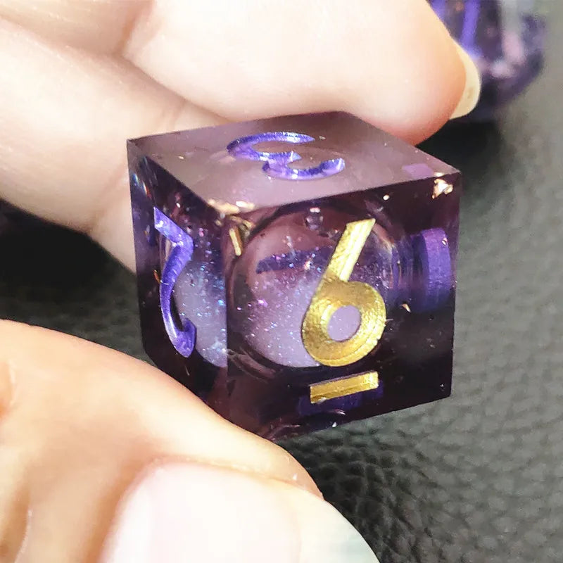 MINI PLANET Gold Sand Liquid Core Dice D&D Set Handmade Polyhedral Resin Dice With Sharp Edge For TRPG DND D6 D20 Dice Games