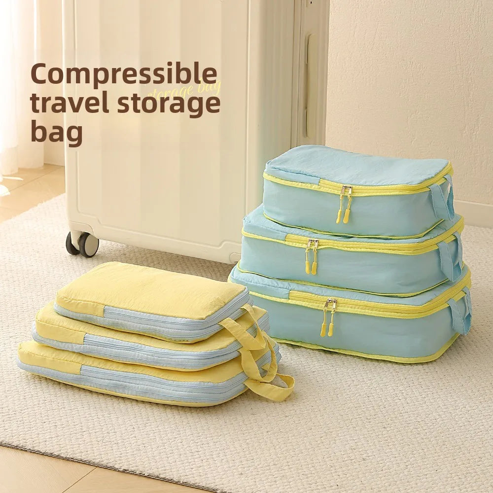 Packing Cubes Taslan Yellow Four Piece Set Space Saving Compression Luggage Organizer with Shoe Bag for Carry on Travel Vacation