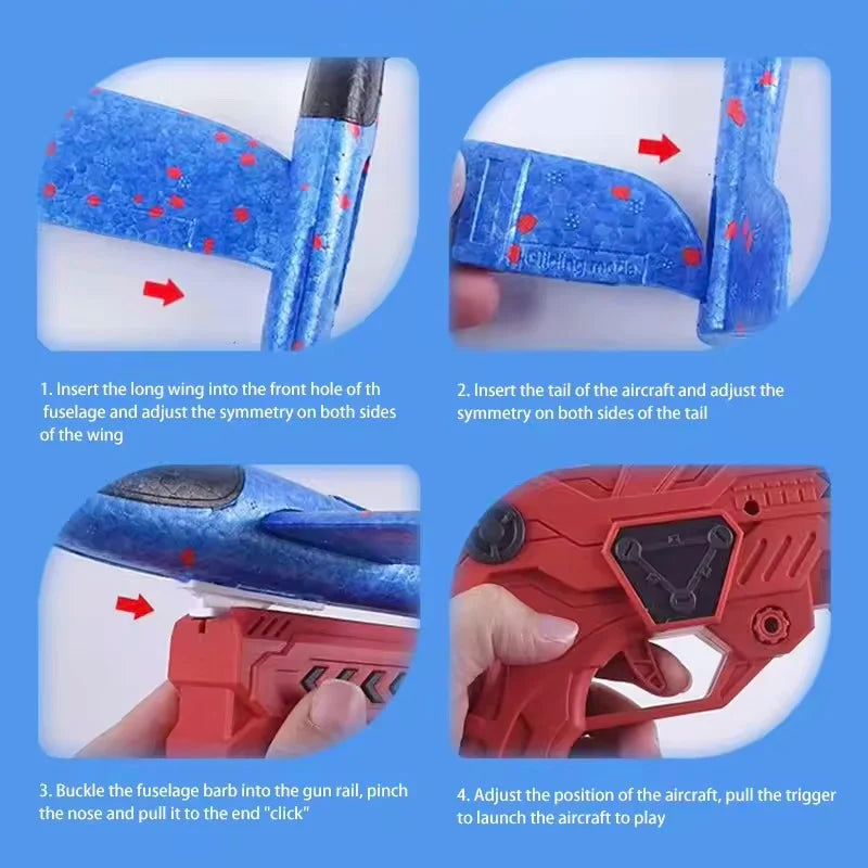 Glowing Foam Airplane 10m Launcher Ejection Aircraft Air Gun Toy for Children Outdoor Game Bubble Model Shooting Flight