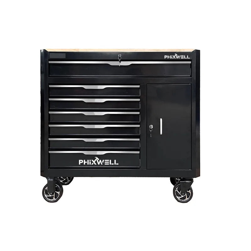 PHIXWELL New Workshop Garage Tool Storage Cabinet Trolley Chest Cart, Tool Sets Tray with Wooden Top Car Repair Tools Kit