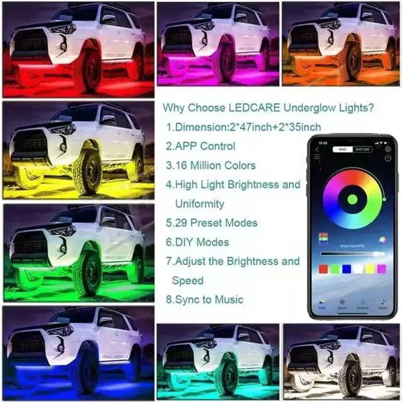 90/120CM Car Flexible Underglow Strip Light LED Underbody Remote APP Control RGB Neon Lights Atmosphere Lamp for Auto Decoration