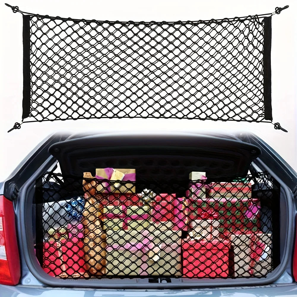 The Car Trunk Storage Net with Extendable Hooks and Nylon Material Is Convenient for Organizing and Can Safely Store Items