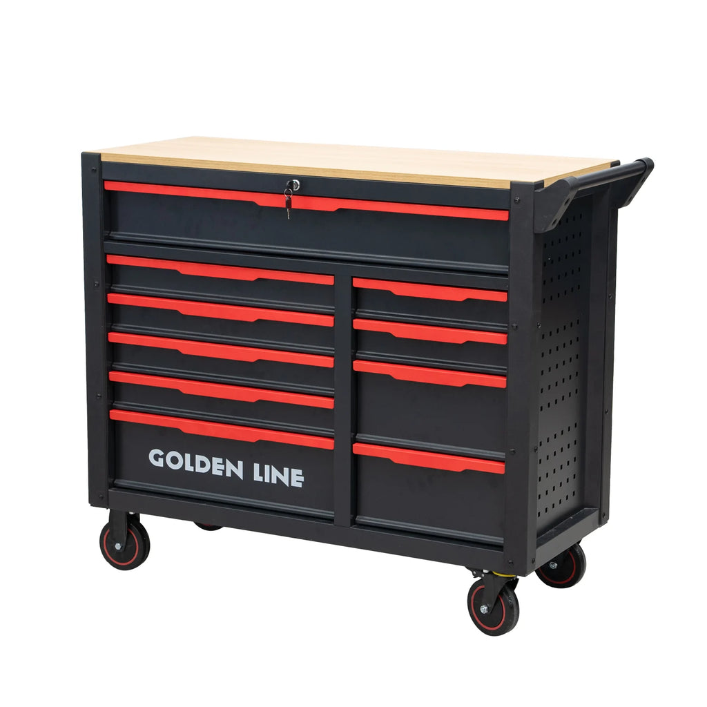 258pcs Heavy Duty Iron Toolbox Ten-Drawer Lockable Red Steel Wooden Top Customizable Tool Cart For Auto Repair Workshop OEM