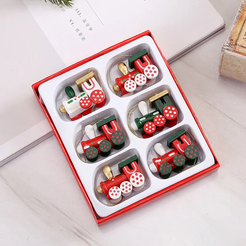 6pcs/Set Christmas Decorations Colored Wooden Small Train Pendant Christmas Tree Scene Layout Hanging Ornaments Desktop Ornament