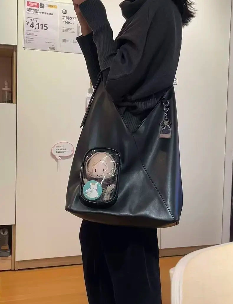 Soft PU Triangle Itabag with Clear Front Pocket -Women Large Capacity Shoulder Crossbody Bag for Anime Dolls & Daily Commute