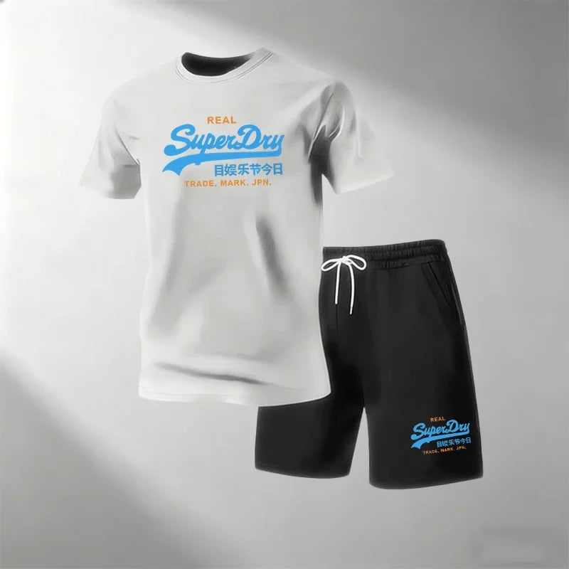 Summer Street Fitness Men's T-Shirts Sets Short Sleeve T-Shirt + Shorts Quick Dry Breathable Round Neck Running Suit Hot Sale